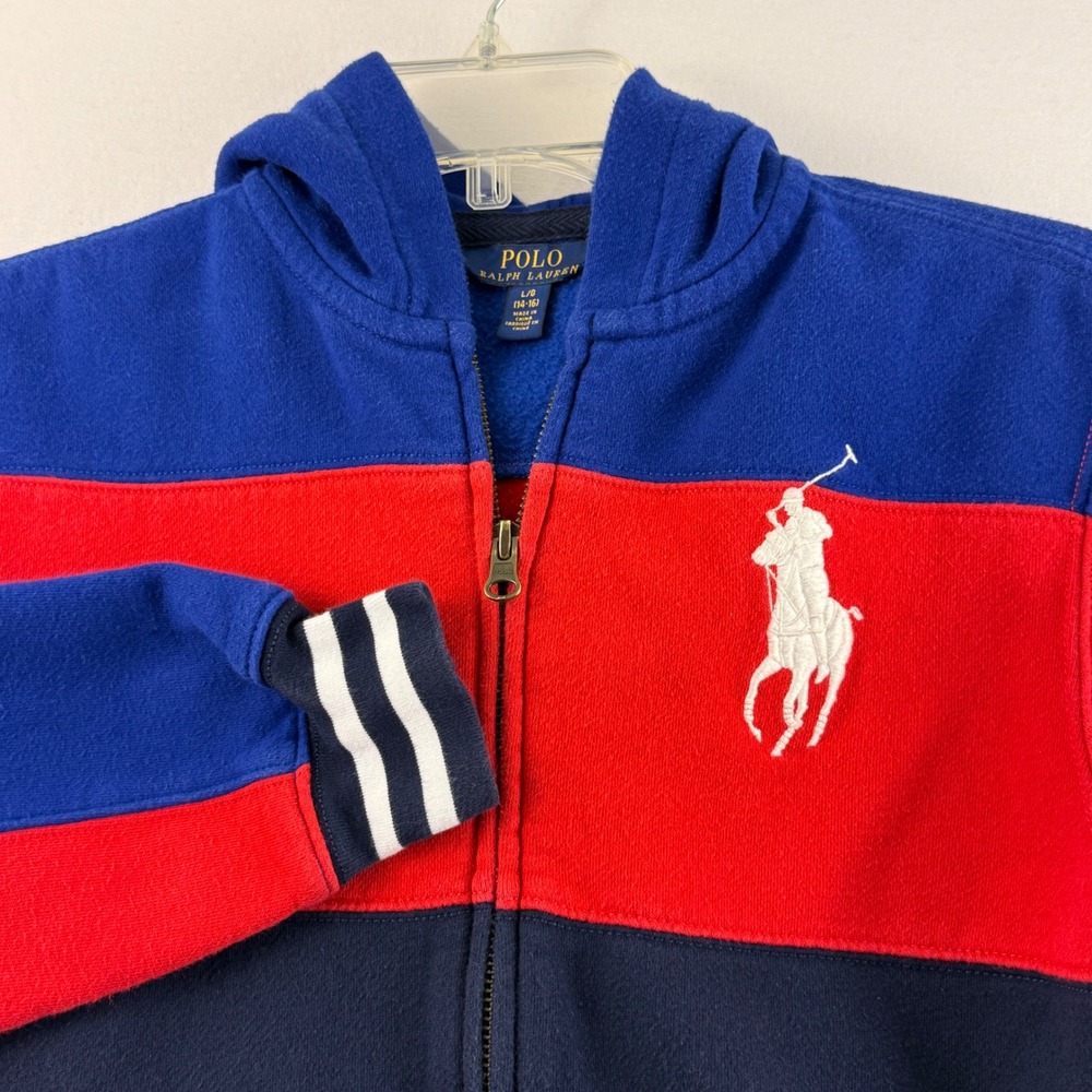 Polo Ralph Lauren Hoodie Kids L 14-16 Blue Red Colorblock‎ Big Pony Full Zip